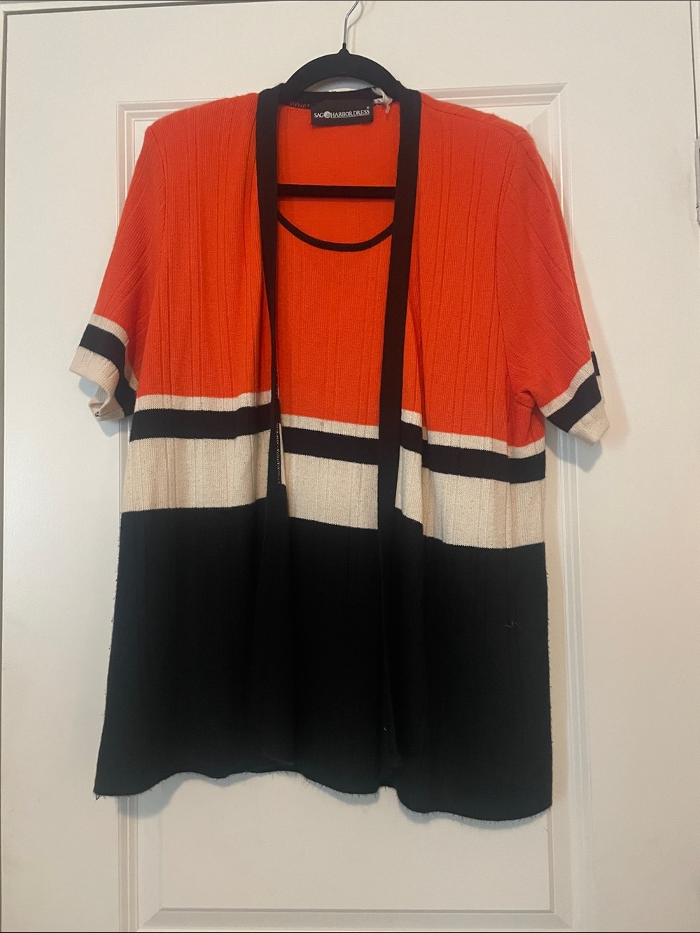Valerie Stevens Orange, Black & Cream Colorblock Short Sleeve Cardigan Top